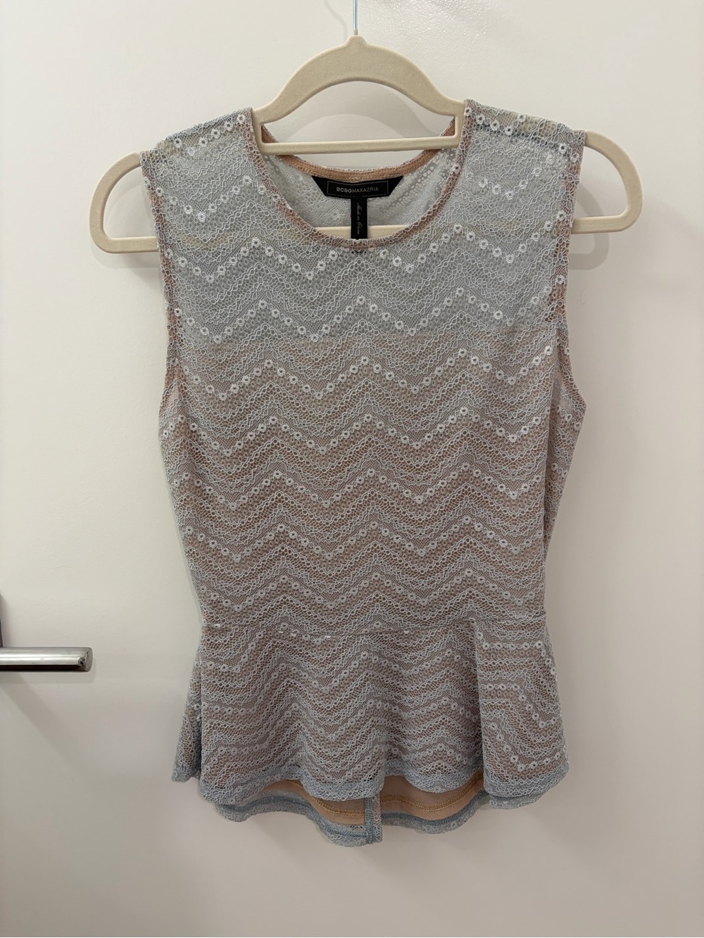 BCBGMAXAZRIA Light Blue Lace Peplum Sleeveless Top